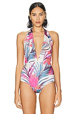 ROCOCO SAND Zazu Bodysuit in Pink & Purple Tropical, view 2, click to view large image.