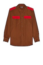 Raf Simons Straight Fit Bicolor Denim Uniform Shirt in Dark Brown & Red, view 1, click to view large image.