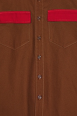 Raf Simons Straight Fit Bicolor Denim Uniform Shirt in Dark Brown & Red, view 3, click to view large image.