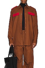 Raf Simons Straight Fit Bicolor Denim Uniform Shirt in Dark Brown & Red, view 4, click to view large image.