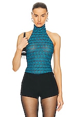 RTA Embroidered Mock Neck Bodysuit in Teal, view 1, click to view large image.