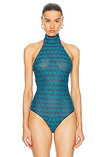 RTA Embroidered Mock Neck Bodysuit in Teal, view 2, click to view large image.