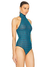 RTA Embroidered Mock Neck Bodysuit in Teal, view 3, click to view large image.