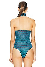RTA Embroidered Mock Neck Bodysuit in Teal, view 4, click to view large image.