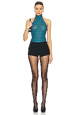 RTA Embroidered Mock Neck Bodysuit in Teal, view 5, click to view large image.