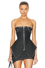 SAMI MIRO VINTAGE for FWRD Zip Front Tube Top With Uneven Hem in Denim, view 1, click to view large image.