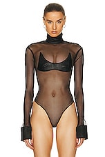SAMI MIRO VINTAGE for FWRD V Mesh Bodysuit in Black Leather, view 2, click to view large image.
