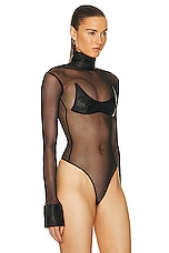 SAMI MIRO VINTAGE for FWRD V Mesh Bodysuit in Black Leather, view 3, click to view large image.