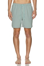 SATURDAYS NYC Timothy Seersucker Stripe Swim Short in Canal Blue, view 4, click to view large image.