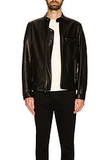 Schott Waxed Natural Pebbled Cowhide Cafe Leather Jacket in Black, view 3, click to view large image.