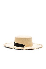 SENSI STUDIO Frayed Boater Hat with Band in Natural & Black, view 3, click to view large image.