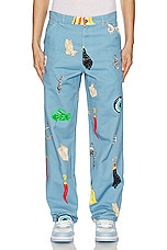 Sky High Farm Workwear Unisex Charm Print Denim Pants Woven in BLUE, view 3, click to view large image.