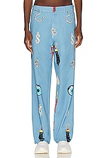 Sky High Farm Workwear Unisex Charm Print Denim Pants Woven in BLUE, view 1, click to view large image.