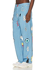 Sky High Farm Workwear Unisex Charm Print Denim Pants Woven in BLUE, view 3, click to view large image.