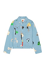Sky High Farm Workwear Unisex Charm Print Denim Jacket Woven in BLUE, view 1, click to view large image.