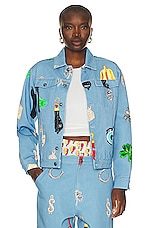 Sky High Farm Workwear Unisex Charm Print Denim Jacket Woven in BLUE, view 1, click to view large image.
