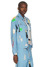 Sky High Farm Workwear Unisex Charm Print Denim Jacket Woven in BLUE, view 2, click to view large image.