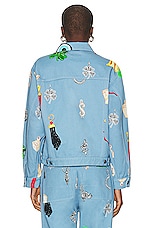 Sky High Farm Workwear Unisex Charm Print Denim Jacket Woven in BLUE, view 3, click to view large image.