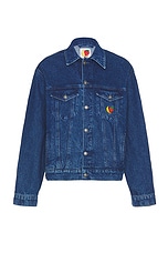 Sky High Farm Workwear Perennial Logo Denim Trucker Jacket in Blue, view 1, click to view large image.