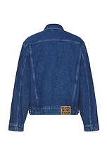Sky High Farm Workwear Perennial Logo Denim Trucker Jacket in Blue, view 2, click to view large image.