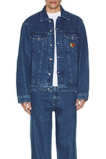 Sky High Farm Workwear Perennial Logo Denim Trucker Jacket in Blue, view 4, click to view large image.