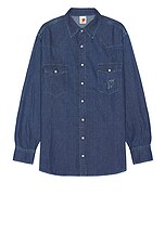 Sky High Farm Workwear Perennial Logo Denim Shirt in Blue, view 1, click to view large image.