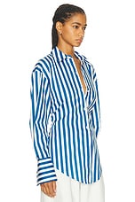 Simon Miller Loch Striped Poplin Button Up Shirt in Blue Stripe, view 3, click to view large image.