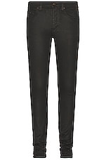 Saint Laurent Skinny 5 Pocket Low Waist Stretch Denim in Coated Black, view 1, click to view large image.