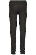 Saint Laurent Skinny 5 Pocket Low Waist Stretch Denim in Coated Black, view 2, click to view large image.