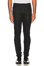 Saint Laurent Skinny 5 Pocket Low Waist Stretch Denim in Coated Black, view 3, click to view large image.