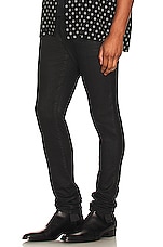 Saint Laurent Skinny 5 Pocket Low Waist Stretch Denim in Coated Black, view 4, click to view large image.