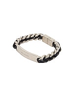 Saint Laurent Tag Curb Chain &amp; Leather Bracelet in Black & Oxidized Nickel, view 1, click to view large image.
