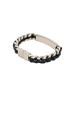 Saint Laurent Tag Curb Chain &amp; Leather Bracelet in Black & Oxidized Nickel, view 2, click to view large image.
