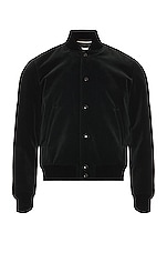 Saint Laurent Signature Logo College Jacket in Dark Forest, view 1, click to view large image.