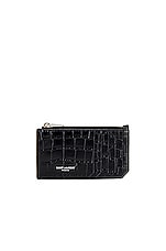 Saint Laurent Zipped Fragments Credit Card Case in Noir, view 1, click to view large image.