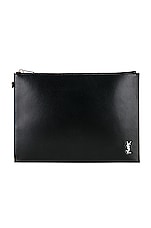 Saint Laurent Zipped Tablet Holder in Noir, view 1, click to view large image.