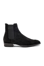 Saint Laurent Suede Wyatt 30 Chelsea Boots in Black, view 1, click to view large image.