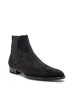 Saint Laurent Suede Wyatt 30 Chelsea Boots in Black, view 2, click to view large image.
