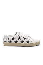 Saint Laurent Leather SL/06 Low-Top Star Sneakers in Optic White & Black & Silver, view 1, click to view large image.