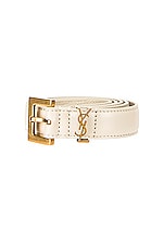 Saint Laurent Logo Leather Belt in Crema Soft, view 3, click to view large image.
