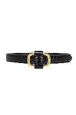 Saint Laurent Croc Embossed Oval Buckle Belt in Nero, view 1, click to view large image.