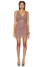 Saint Laurent Ruched Sleeveless Mini Dress in Rose Des Bois, view 1, click to view large image.