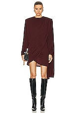 Saint Laurent Long Sleeve Draped Dress in Rouge Piment, view 1, click to view large image.