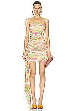 Saint Laurent Ruched Strapless Dress in Craie Rose Vert, view 1, click to view large image.
