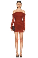 Saint Laurent Off Shoulder Tulle Dress in Rouge Fonce, view 1, click to view large image.