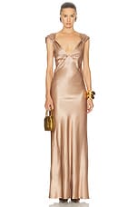 Saint Laurent Satin Long Dress in Rose Des Sables, view 1, click to view large image.