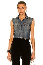 Saint Laurent Cropped Sleeveless Denim Shirt in Dusty Medium Vintage, view 1, click to view large image.