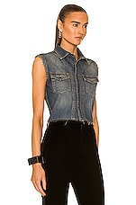 Saint Laurent Cropped Sleeveless Denim Shirt in Dusty Medium Vintage, view 2, click to view large image.