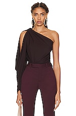 Saint Laurent Jersey One Shoulder Bodysuit in Aubergine, view 1, click to view large image.