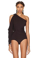 Saint Laurent Jersey One Shoulder Bodysuit in Aubergine, view 2, click to view large image.